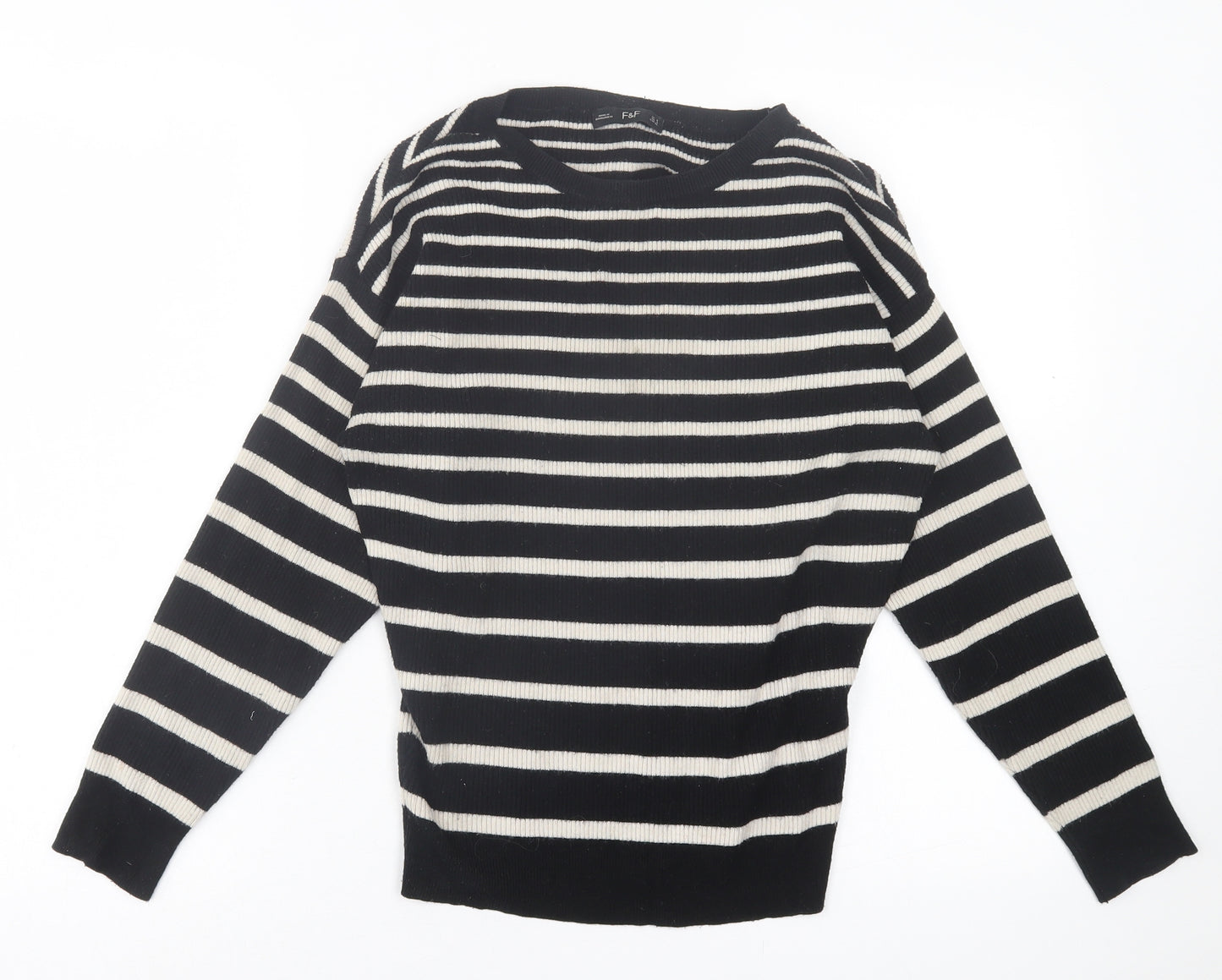 F&F Womens Black Crew Neck Striped Viscose Pullover Jumper Size 8