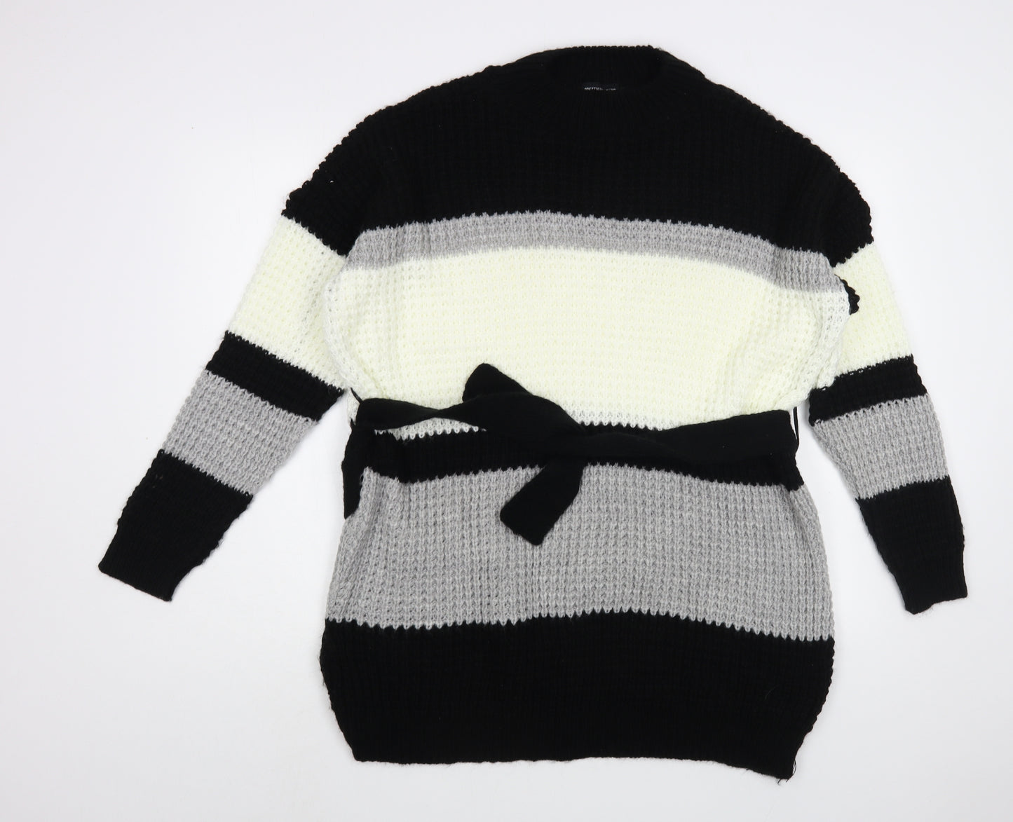 PRETTYLITTLETHING Womens Black Crew Neck Striped Acrylic Tunic Jumper Size S