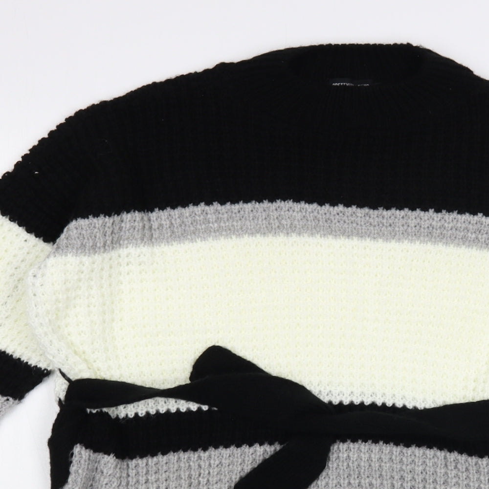 PRETTYLITTLETHING Womens Black Crew Neck Striped Acrylic Tunic Jumper Size S