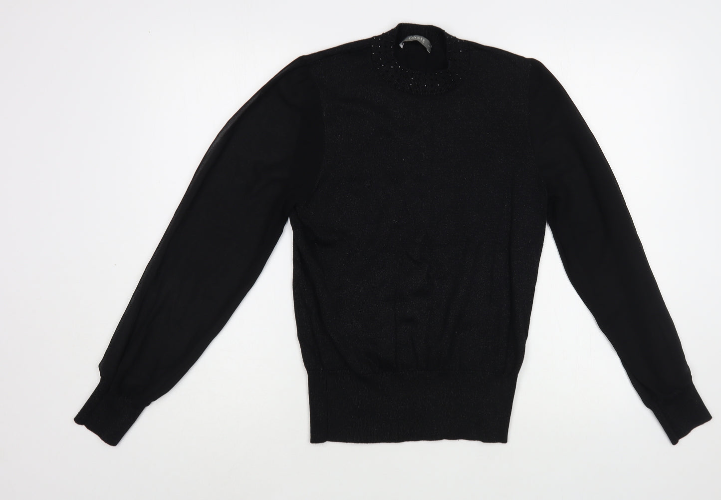 Oasis Womens Black  Cotton Basic Blouse Size M Mock Neck - Embelished Neckline