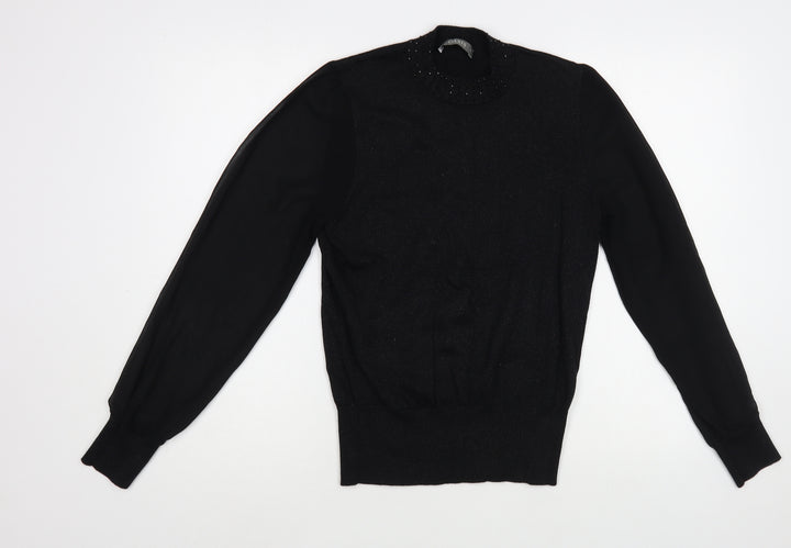 Oasis Womens Black Cotton Basic Blouse Size M Mock Neck - Embelished Neckline