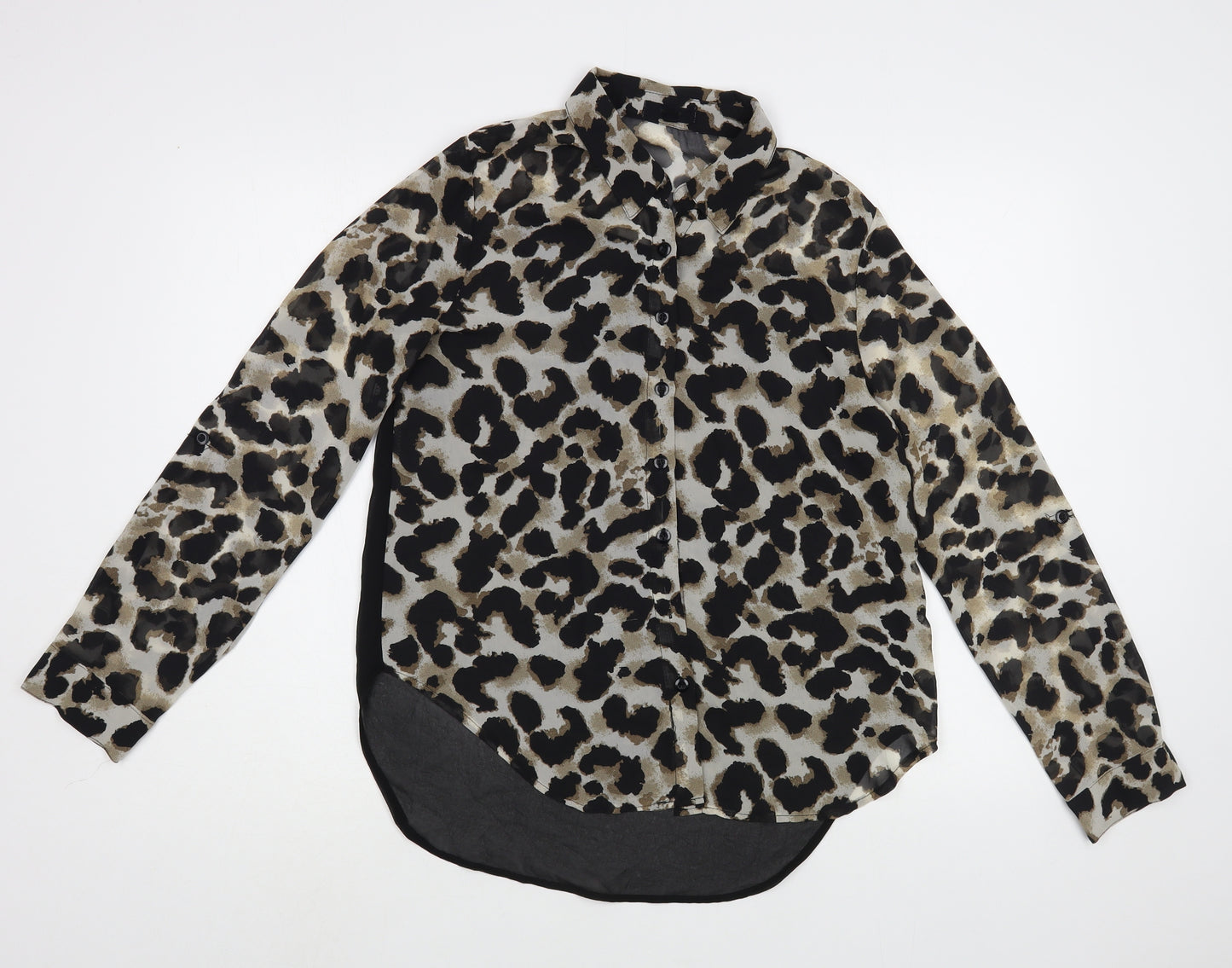 MINE Womens Black Animal Print Polyester Basic Button-Up Size M Collared