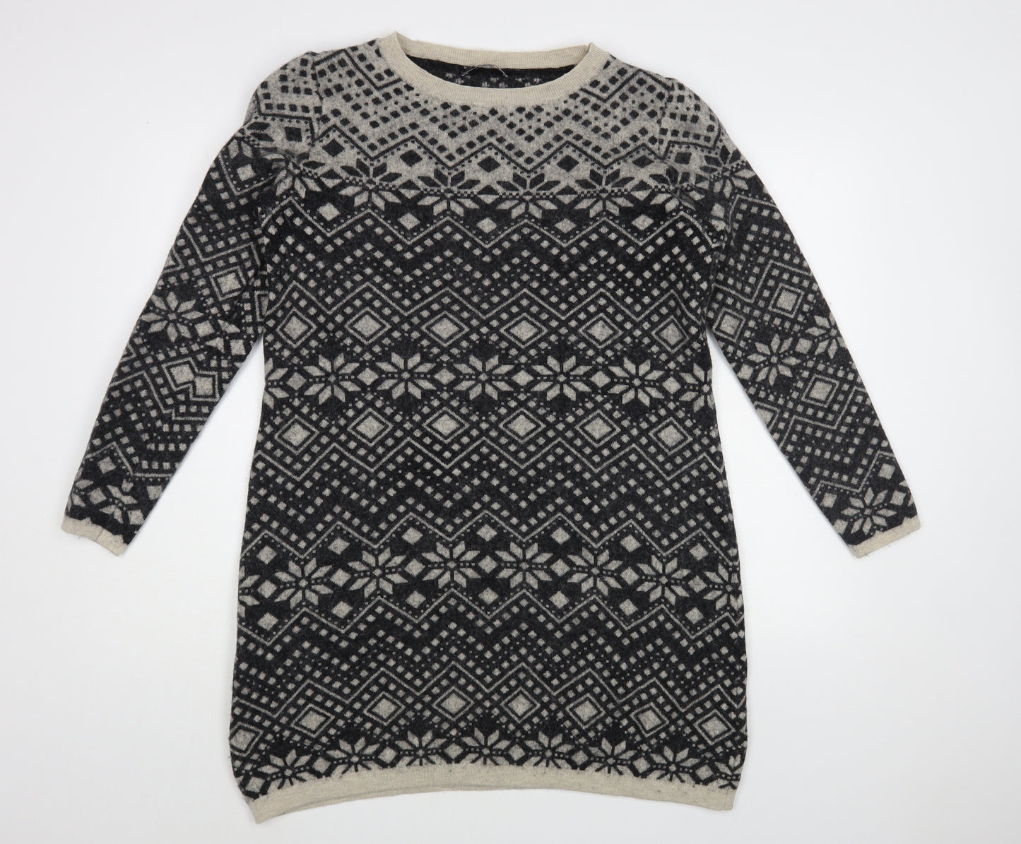 Laura Ashley Womens Grey Boat Neck Fair Isle Wool Tunic Jumper Size 14