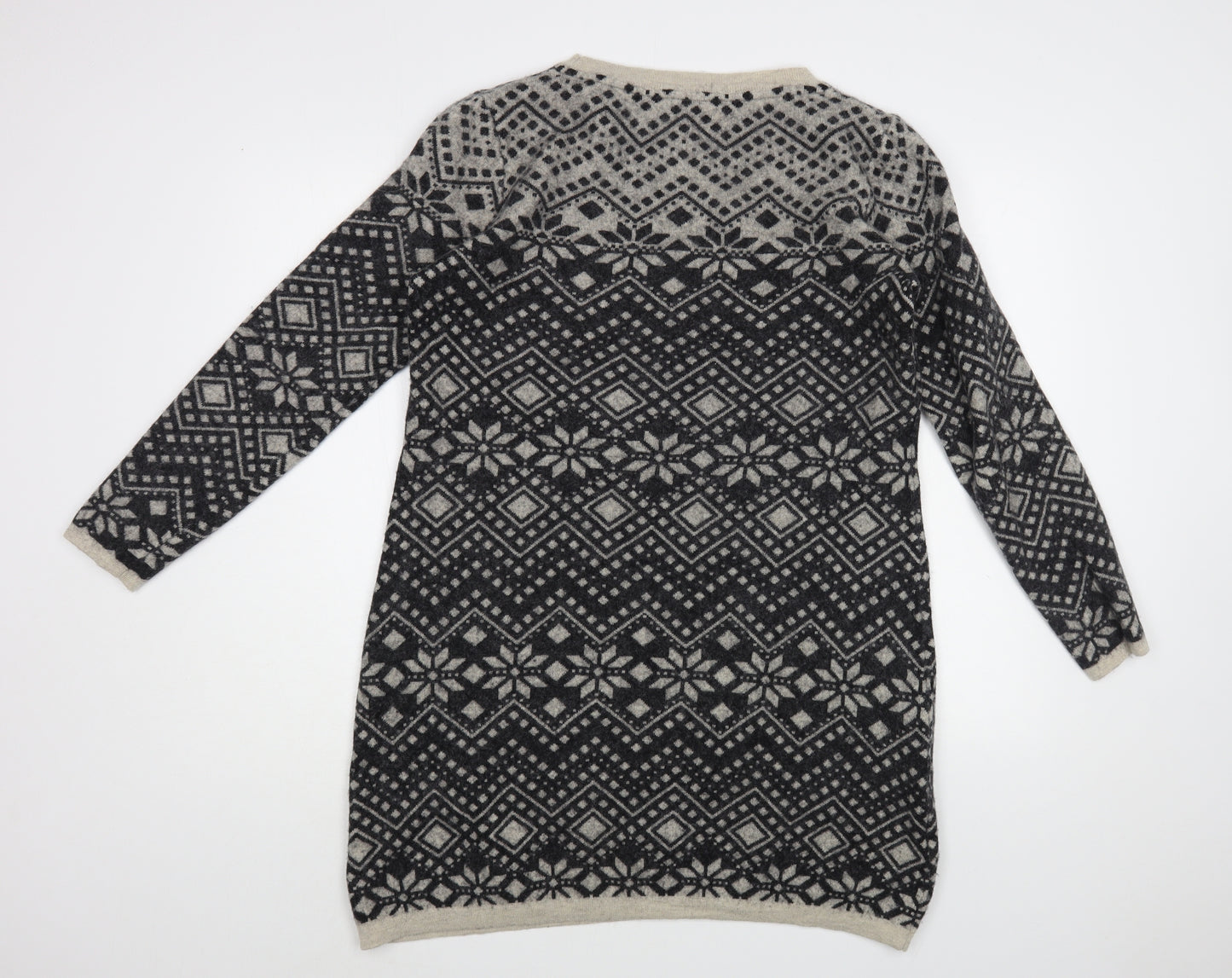 Laura Ashley Womens Grey Boat Neck Fair Isle Wool Tunic Jumper Size 14