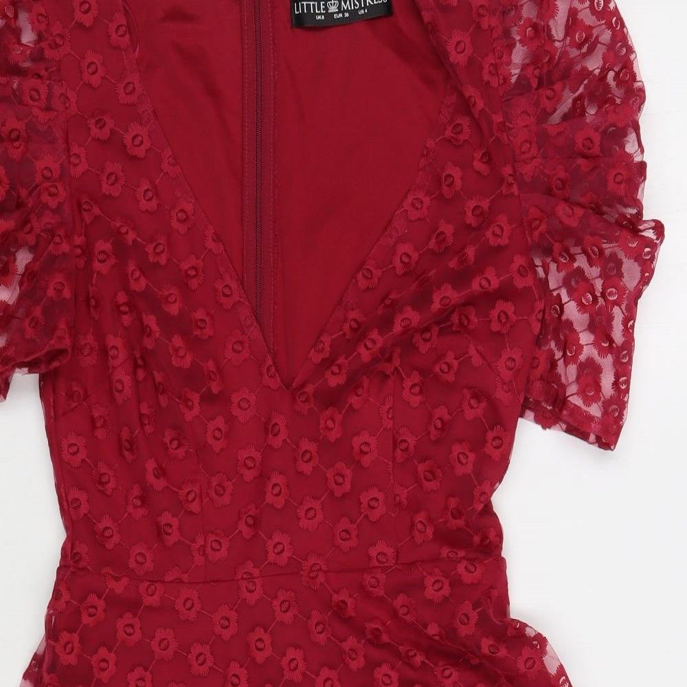 Little Mistress Womens Red Floral Polyester Fit & Flare  Size 8  V-Neck Zip