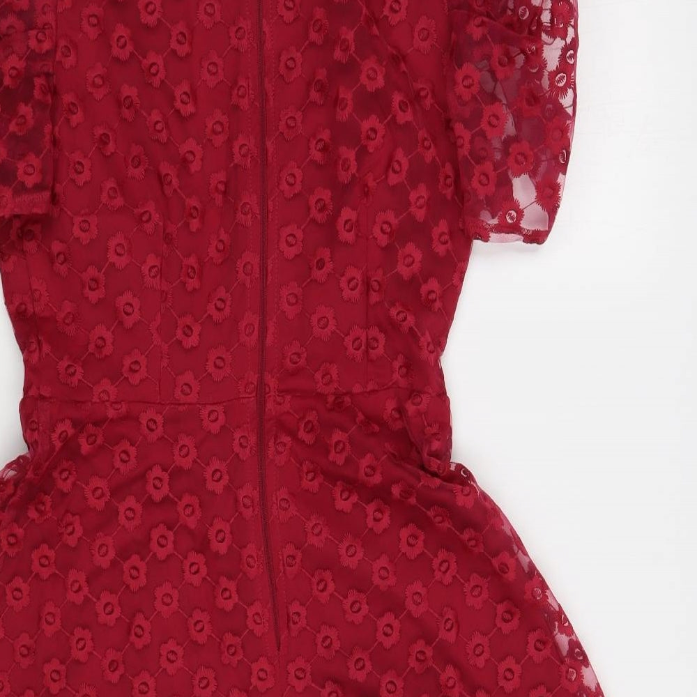 Little Mistress Womens Red Floral Polyester Fit & Flare  Size 8  V-Neck Zip
