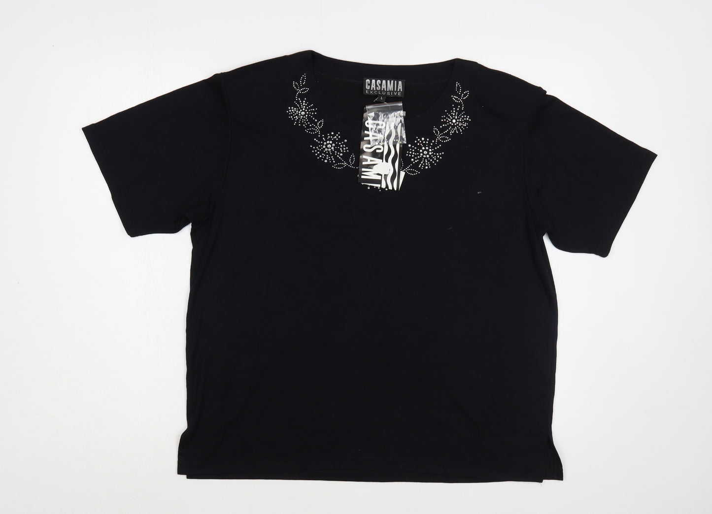 Casamia Womens Black  Viscose Basic Blouse Size L Boat Neck - Embellished Neckline