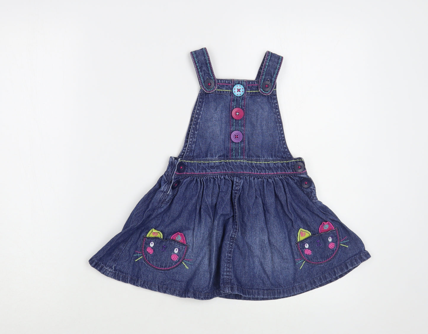 George Baby Blue  Cotton Pinafore/Dungaree Dress  Size 18-24 Months  Square Neck Button - Cat Pockets