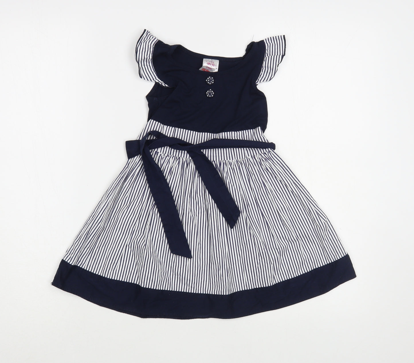 E-vie Angel Girls Blue Striped Viscose Fit & Flare  Size 3-4 Years  Round Neck Tie