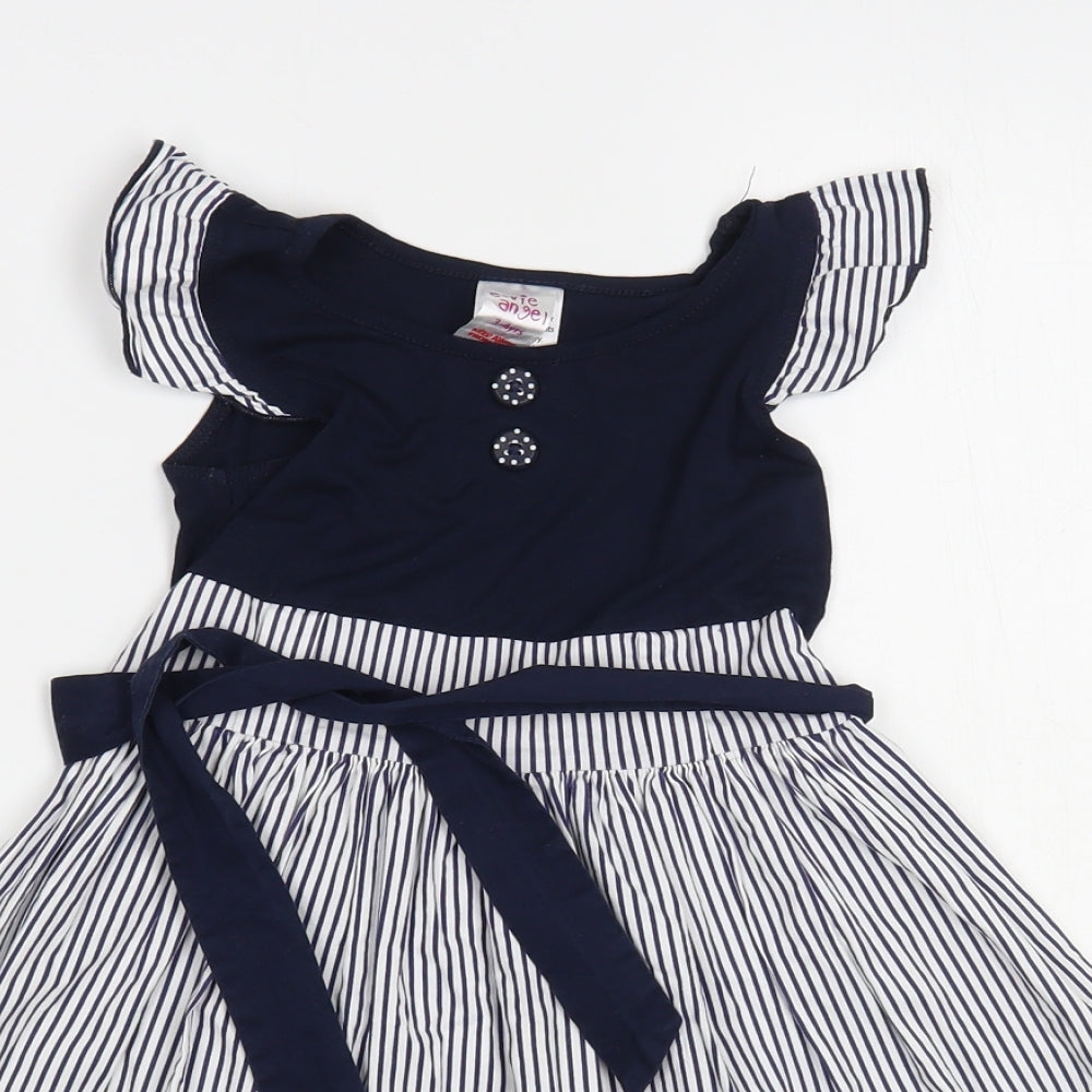 E-vie Angel Girls Blue Striped Viscose Fit & Flare  Size 3-4 Years  Round Neck Tie