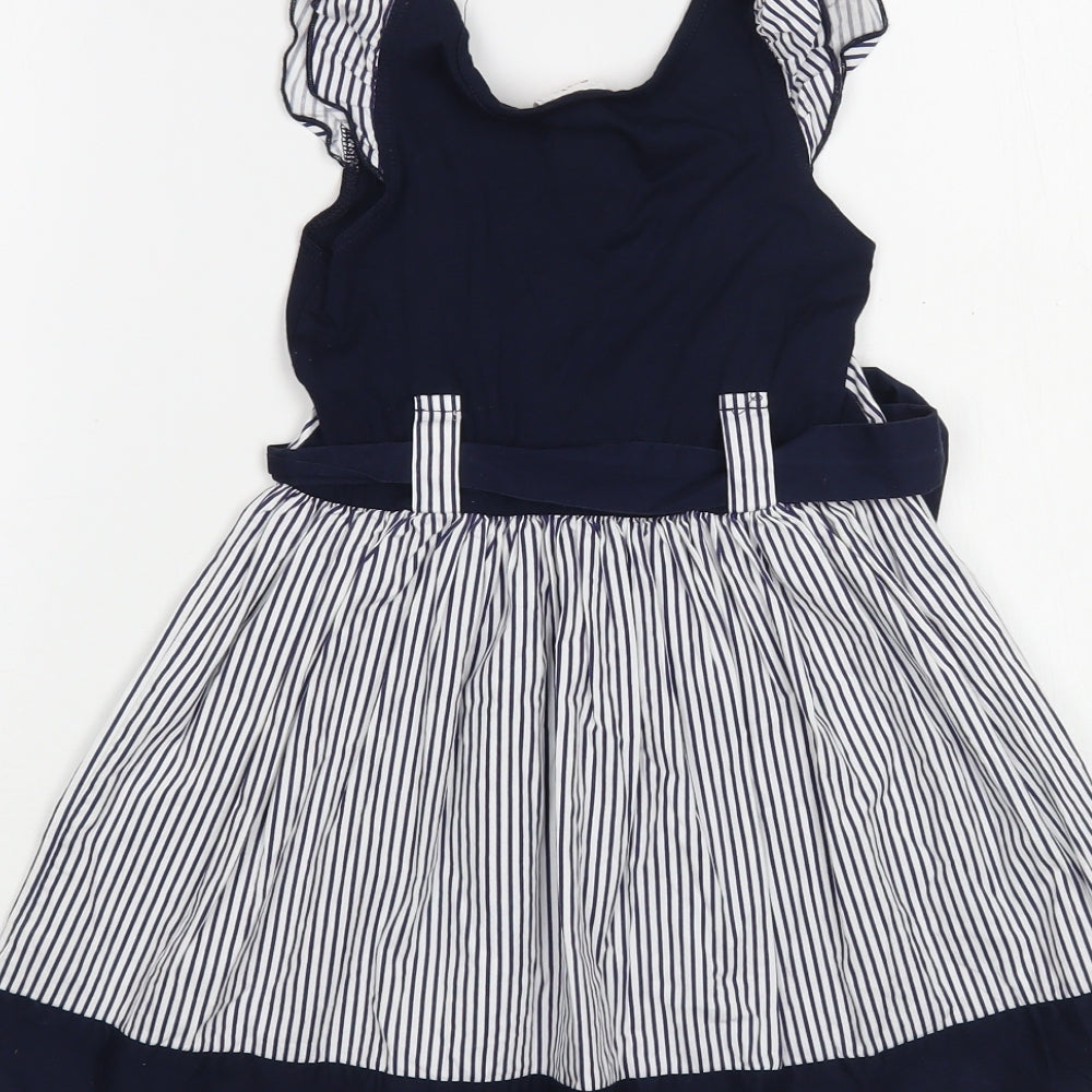E-vie Angel Girls Blue Striped Viscose Fit & Flare  Size 3-4 Years  Round Neck Tie