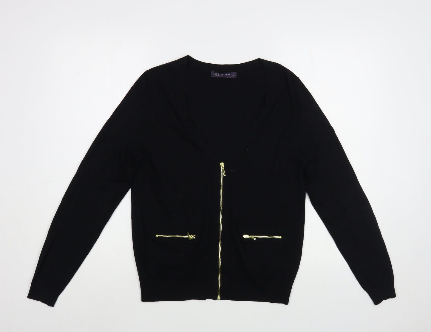 Marks and Spencer Womens Black V-Neck  Viscose Full Zip Jumper Size 12