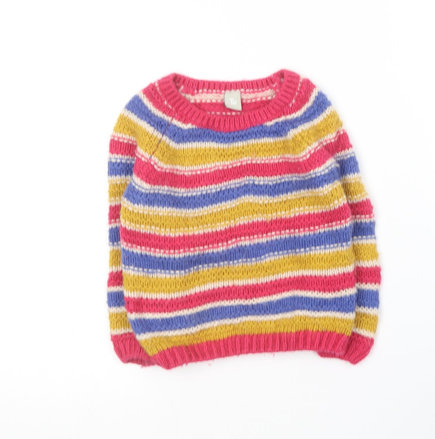 TU Girls Multicoloured Round Neck Striped Acrylic Pullover Jumper Size 2-3 Years