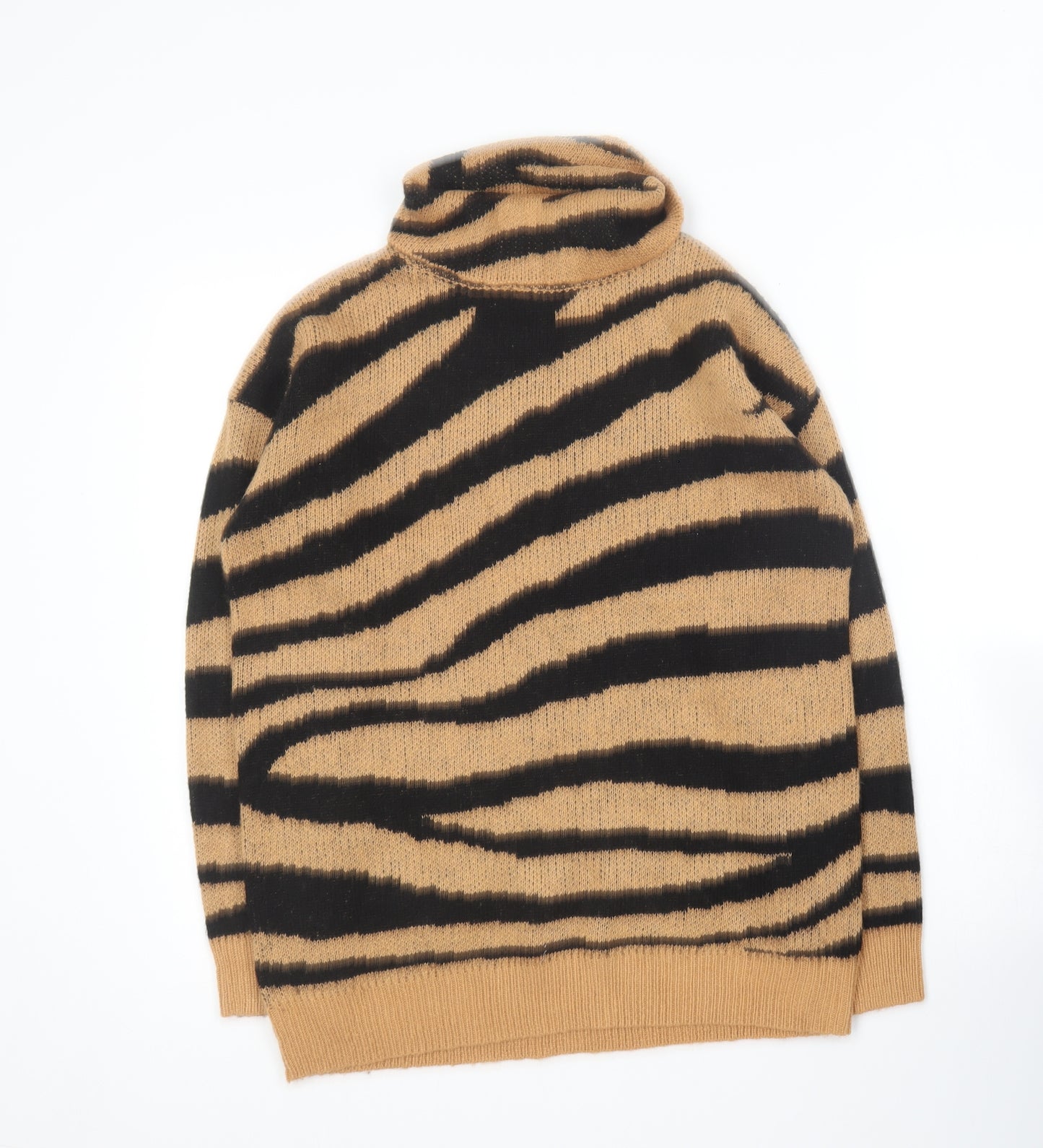 Brave Soul Womens Beige Roll Neck Animal Print Acrylic Pullover Jumper Size M