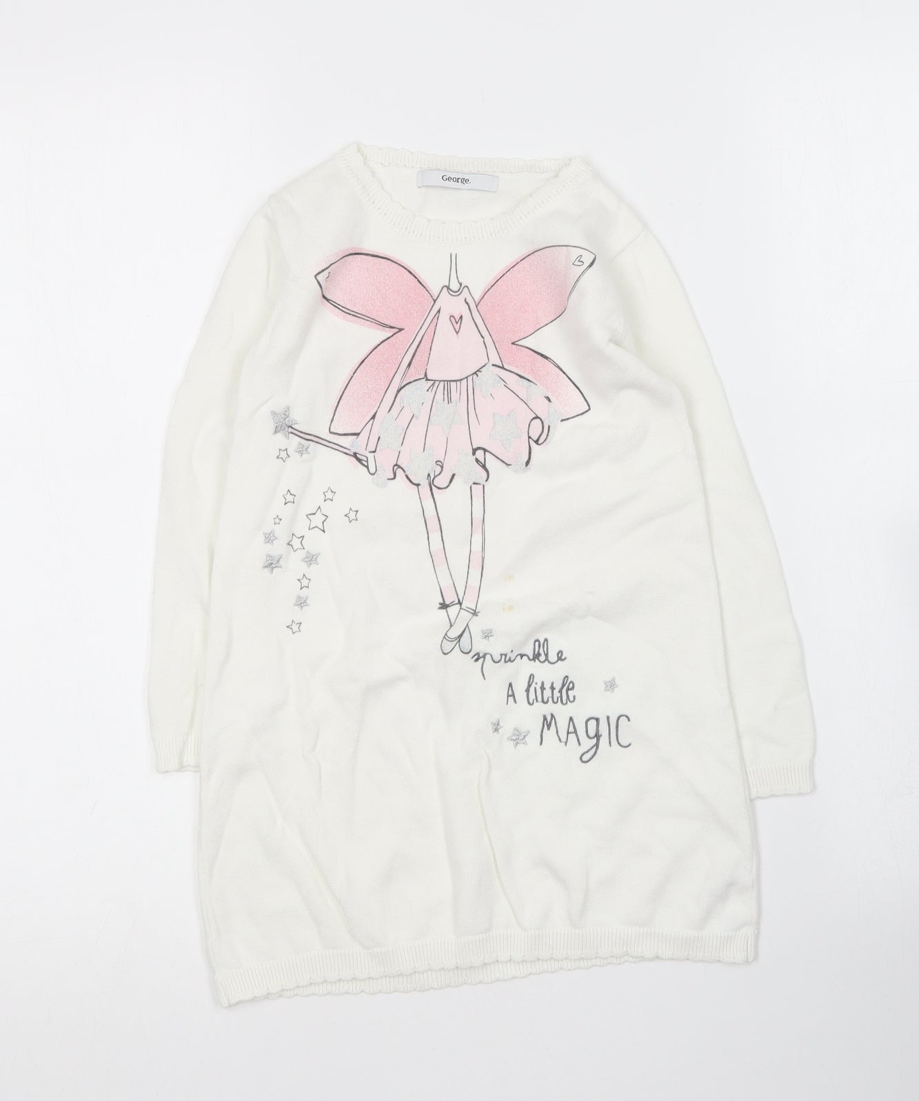 George Girls White Round Neck  Cotton Pullover Jumper Size 5-6 Years