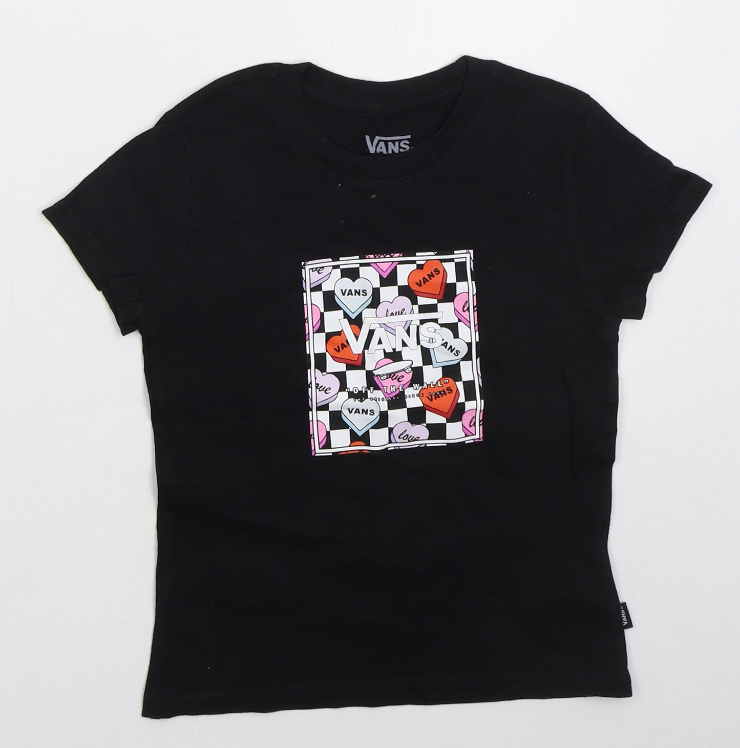 VANS Girls Black  Cotton Basic T-Shirt Size 6 Years Crew Neck Pullover - Hearts