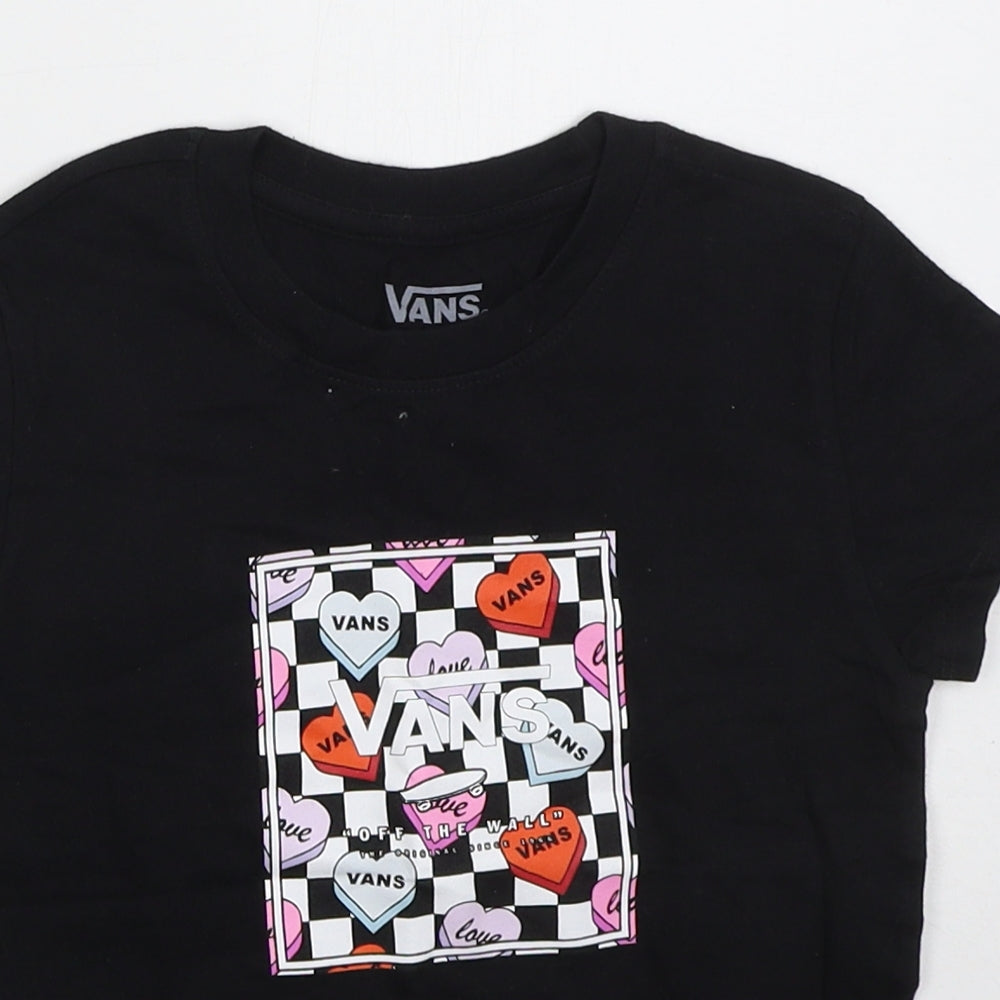 VANS Girls Black  Cotton Basic T-Shirt Size 6 Years Crew Neck Pullover - Hearts
