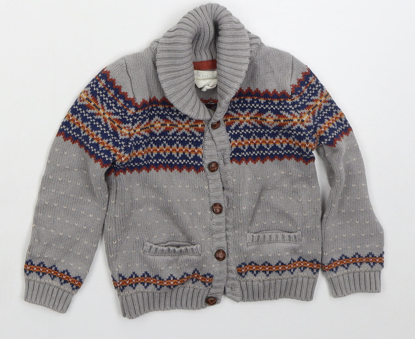 Rhorie Whelan Boys Grey Collared Fair Isle Cotton Cardigan Jumper Size 3-4 Years  Button