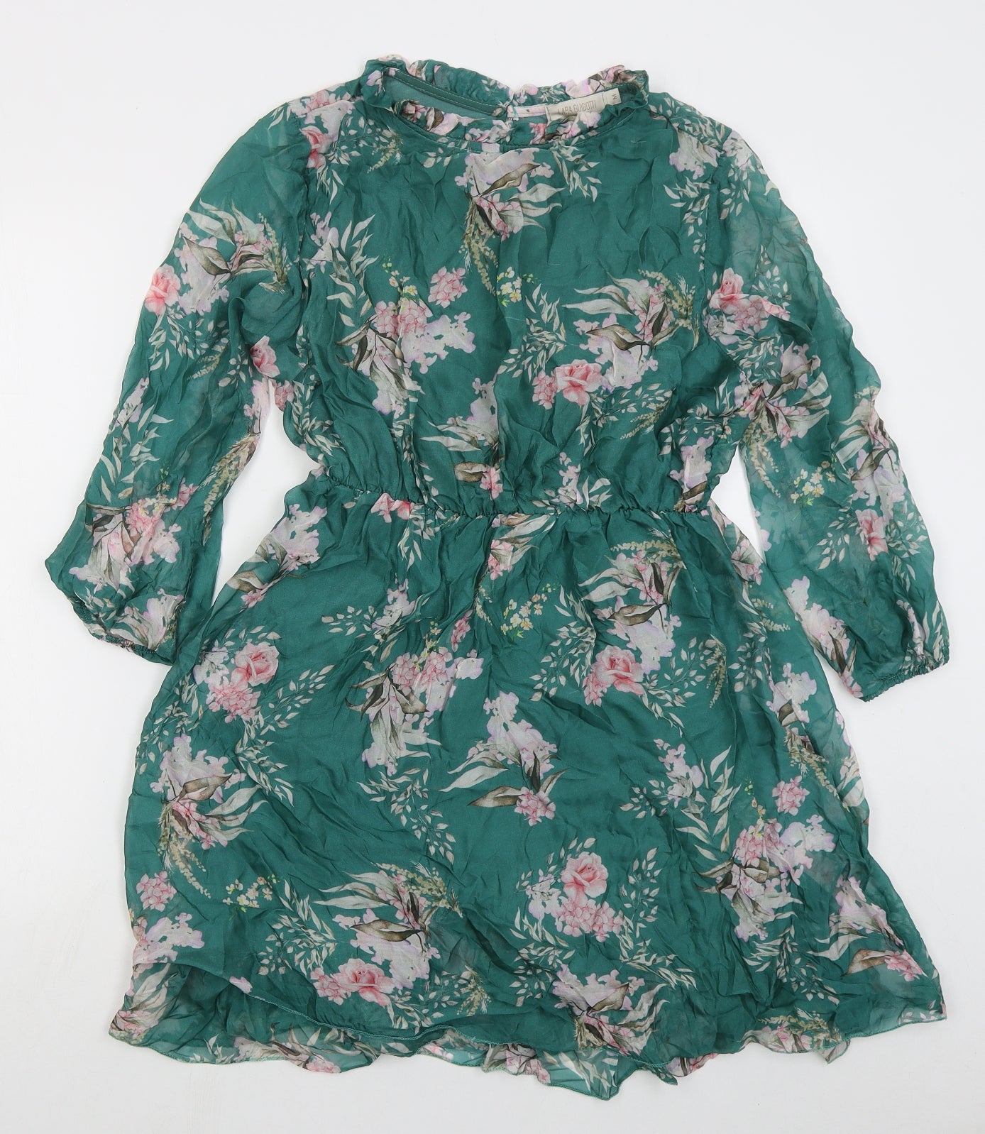 Lara Guidotti Womens Green Floral Silk Skater Dress  Size M  Round Neck Button