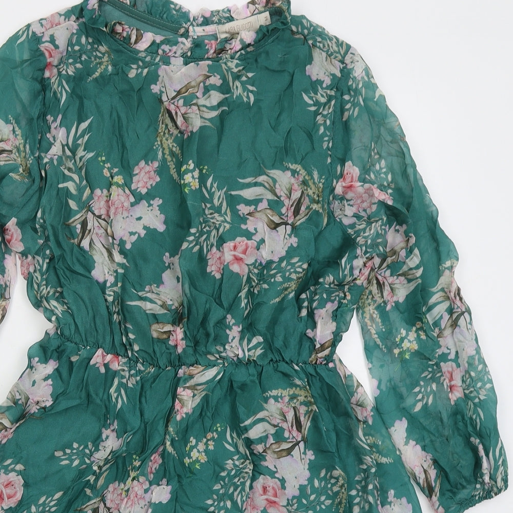 Lara Guidotti Womens Green Floral Silk Skater Dress  Size M  Round Neck Button