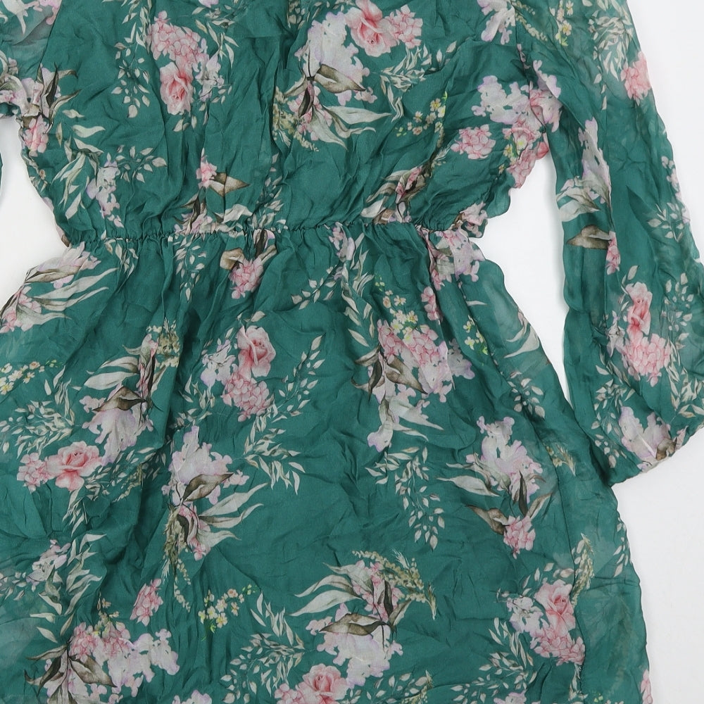 Lara Guidotti Womens Green Floral Silk Skater Dress  Size M  Round Neck Button