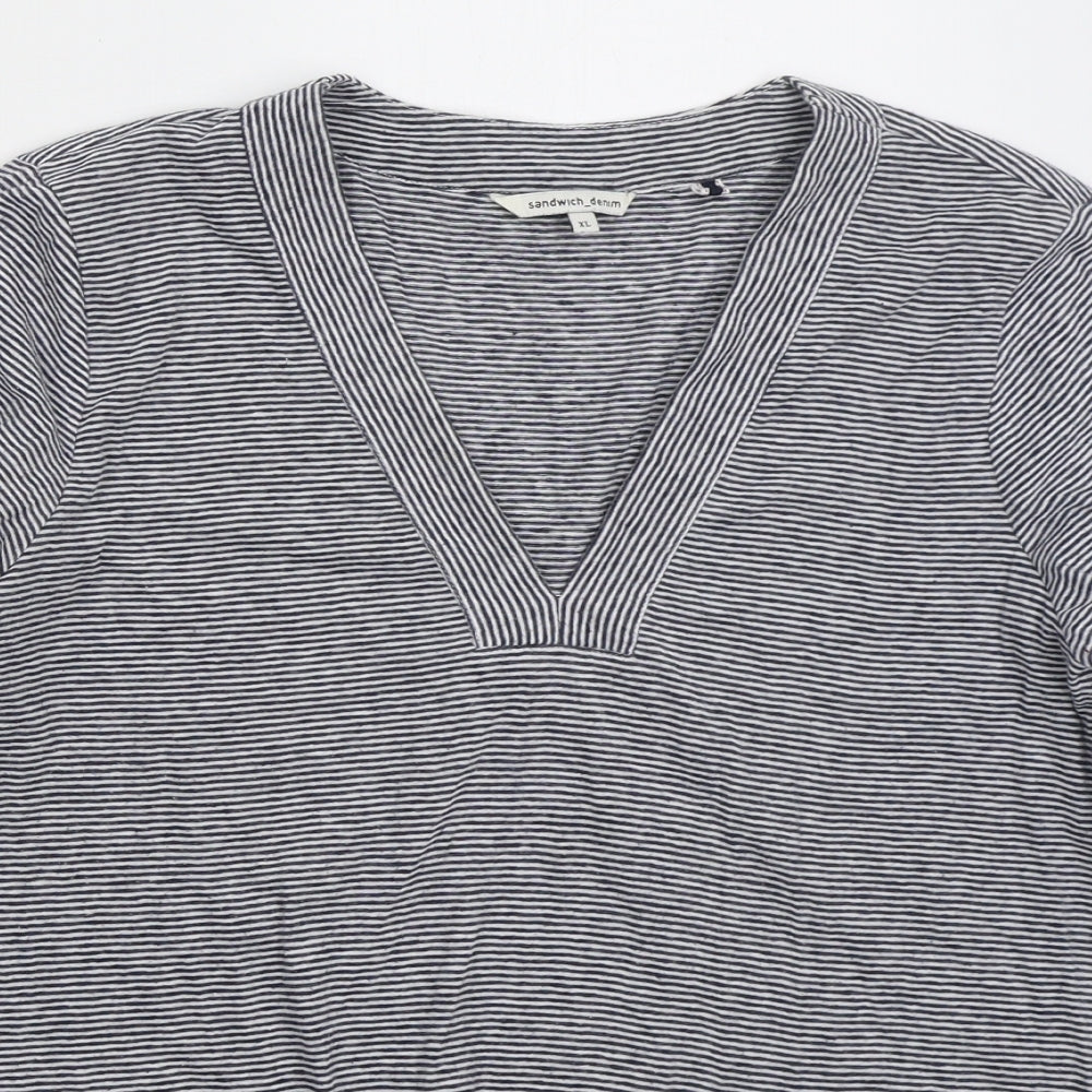 Sandwich Womens Blue Striped Polyester Basic T-Shirt Size XL V-Neck