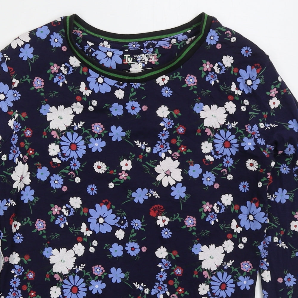 TU Womens Blue Floral Cotton Basic T-Shirt Size 8 Crew Neck