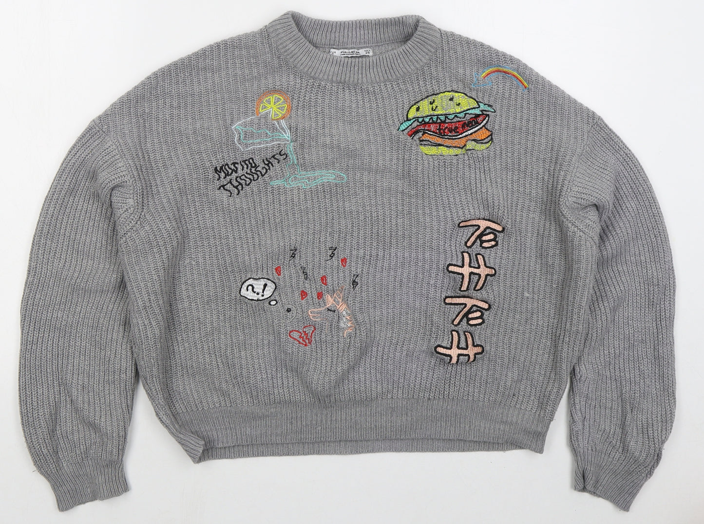 Pull&Bear Womens Grey Crew Neck  Acrylic Pullover Jumper Size S   - Burger Unicorn Rainbow
