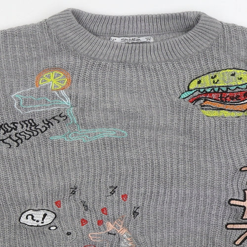 Pull&Bear Womens Grey Crew Neck  Acrylic Pullover Jumper Size S   - Burger Unicorn Rainbow