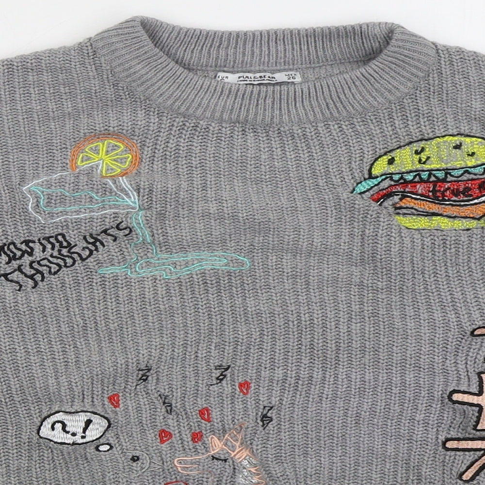 Pull&Bear Womens Grey Crew Neck  Acrylic Pullover Jumper Size S   - Burger Unicorn Rainbow