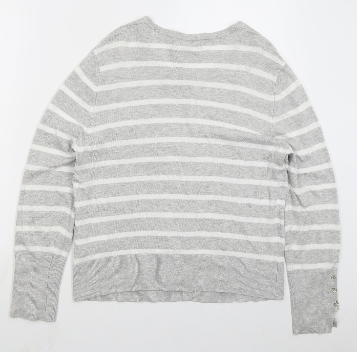 Primark Womens Grey Round Neck Striped Viscose Cardigan Jumper Size 14