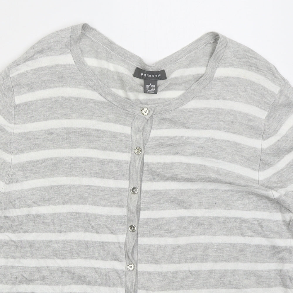 Primark Womens Grey Round Neck Striped Viscose Cardigan Jumper Size 14