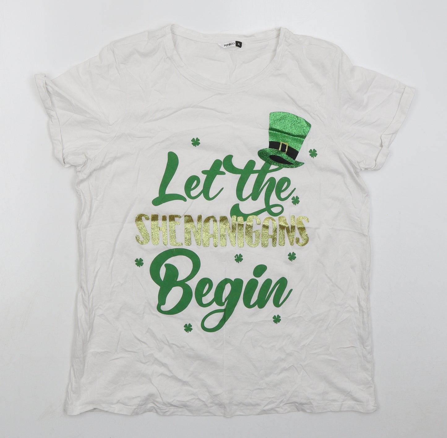 Pep&Co Womens White  Cotton Basic T-Shirt Size 20 Crew Neck - Let The Shenanigans Begin