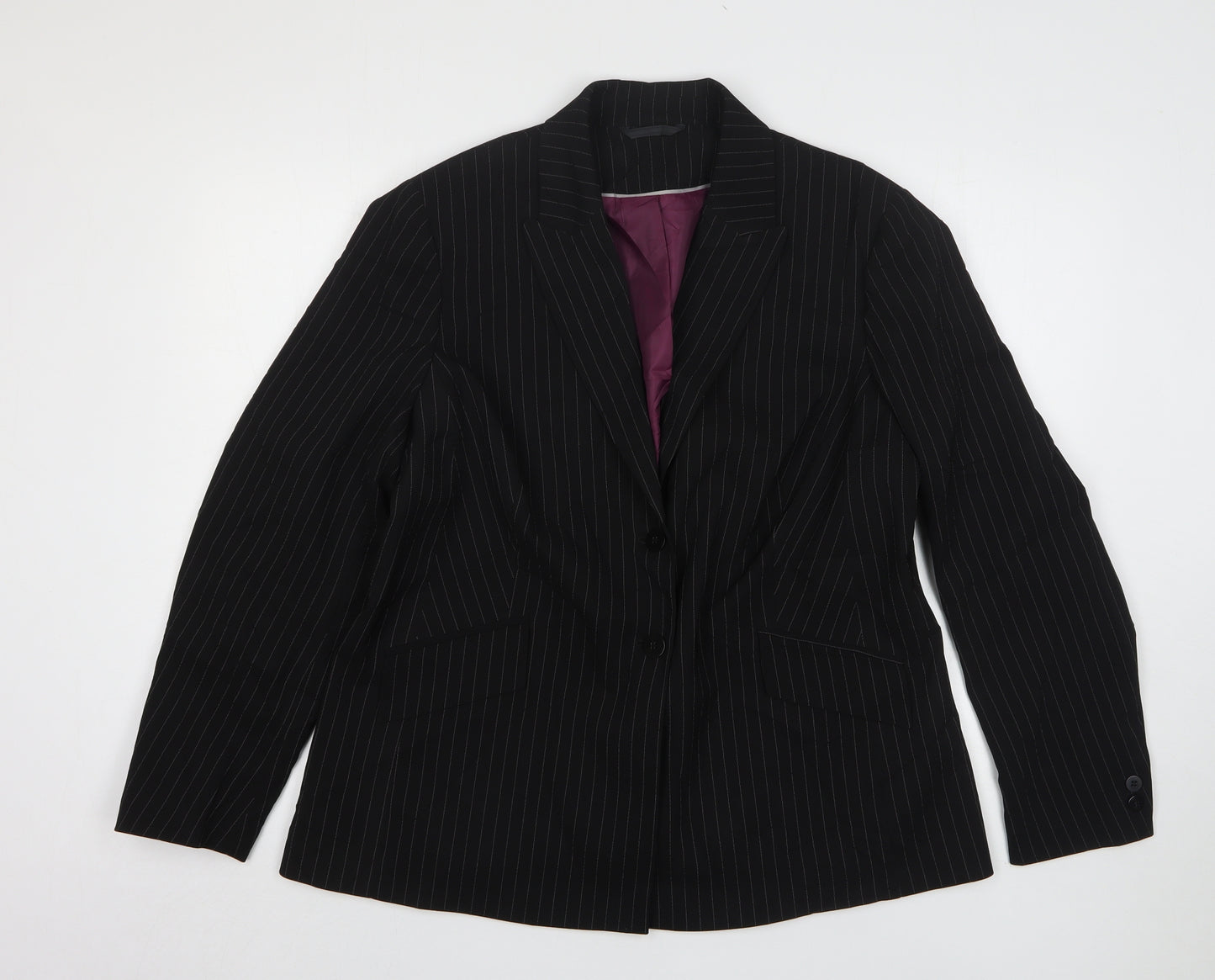 One Womens Black Striped Polyester Jacket Suit Jacket Size 14