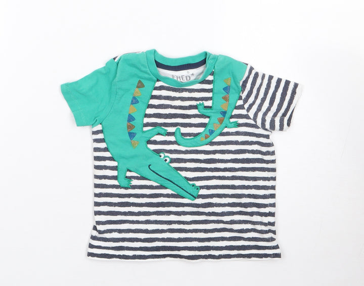 F&F Boys Blue Striped 100% Cotton Jersey T-Shirt Size 12-18 Months Crew Neck Pullover