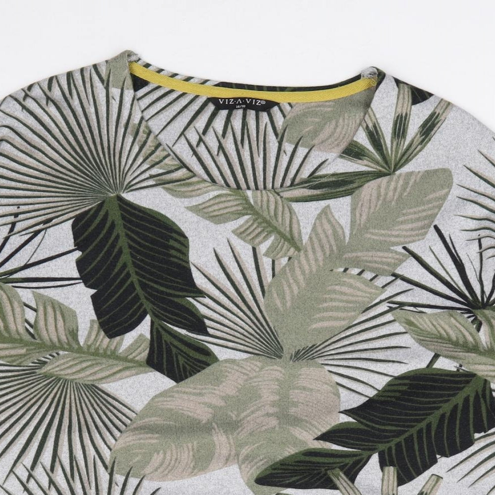 Viz-A-Viz Womens Green Floral Polyester Jersey T-Shirt Size 14 Round Neck
