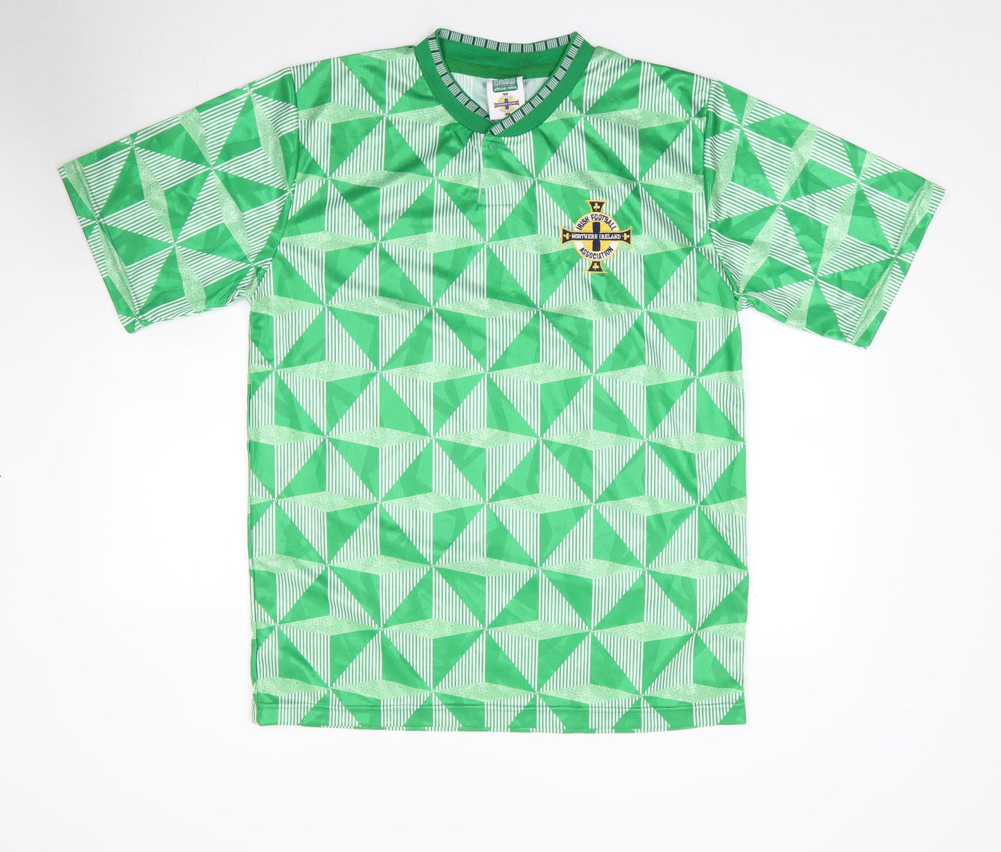 Score Draw Mens Green Geometric Polyester  T-Shirt Size L Crew Neck  - Ireland Football, Retro Kit