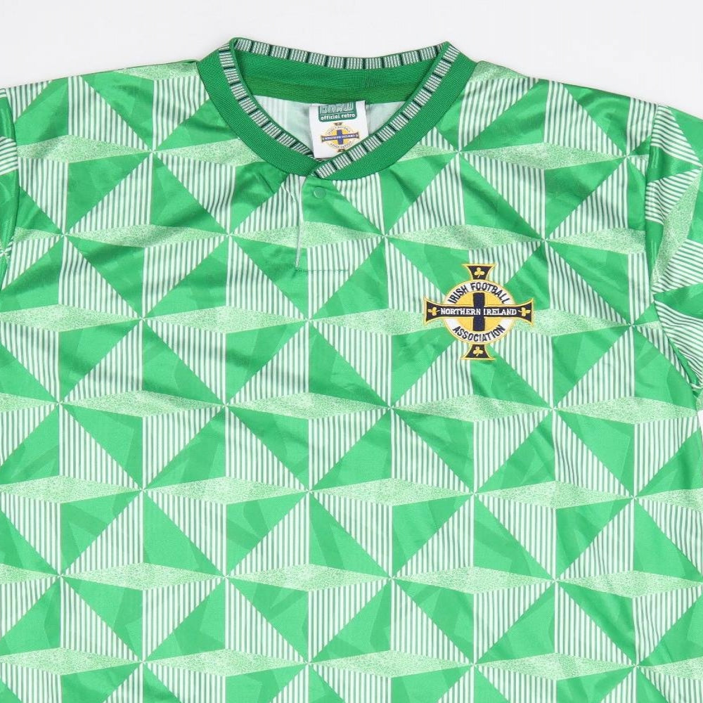 Score Draw Mens Green Geometric Polyester  T-Shirt Size L Crew Neck  - Ireland Football, Retro Kit