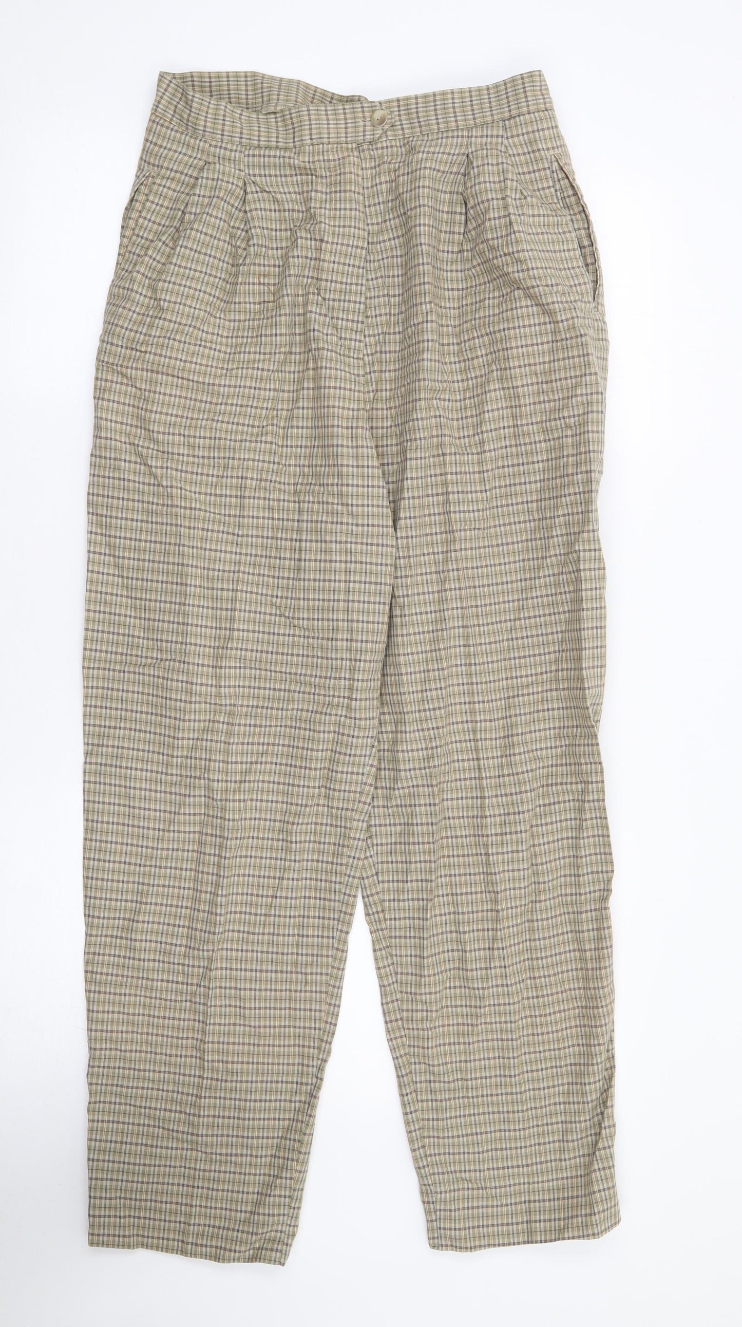 Marks and Spencer Womens Green Plaid Cotton Trousers  Size 16 L29 in Regular Zip