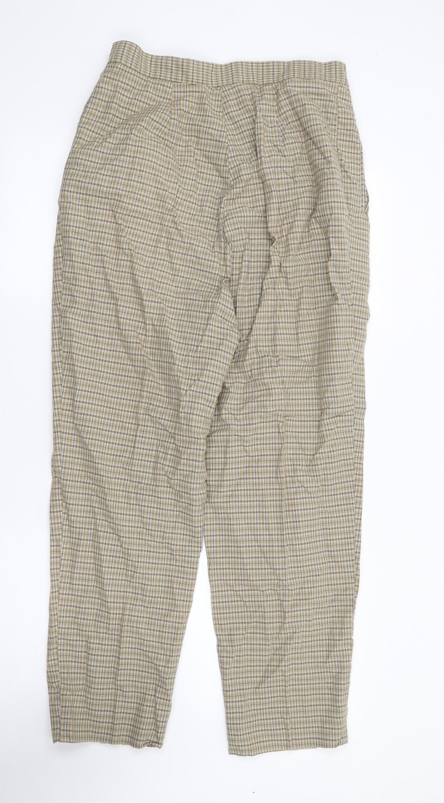 Marks and Spencer Womens Green Plaid Cotton Trousers  Size 16 L29 in Regular Zip