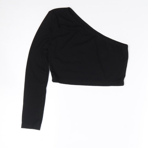 SheIn Girls Black  Cotton Cropped T-Shirt Size 10 Years One Shoulder Pullover - Ribbed