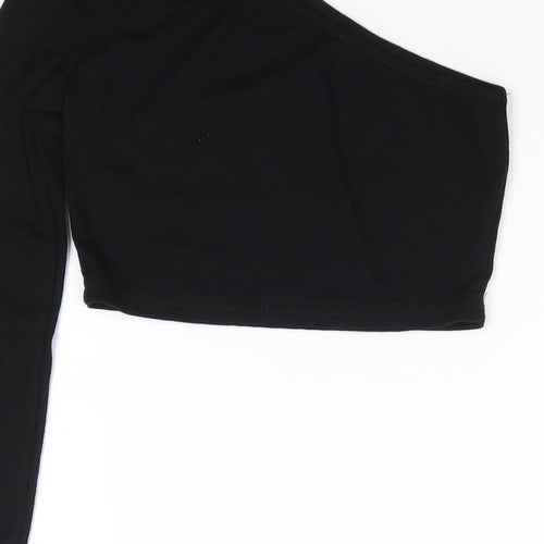 SheIn Girls Black  Cotton Cropped T-Shirt Size 10 Years One Shoulder Pullover - Ribbed