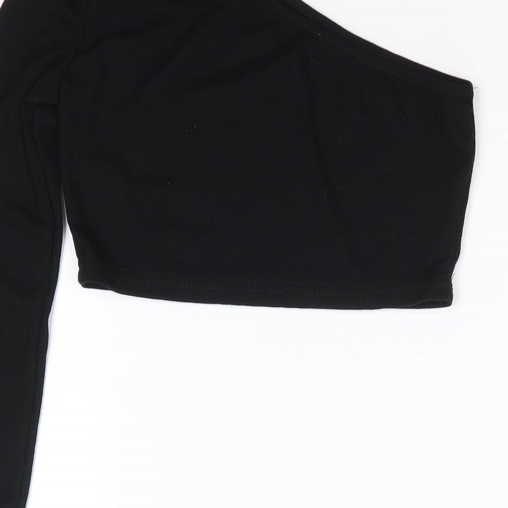 SheIn Girls Black  Cotton Cropped T-Shirt Size 10 Years One Shoulder Pullover - Ribbed