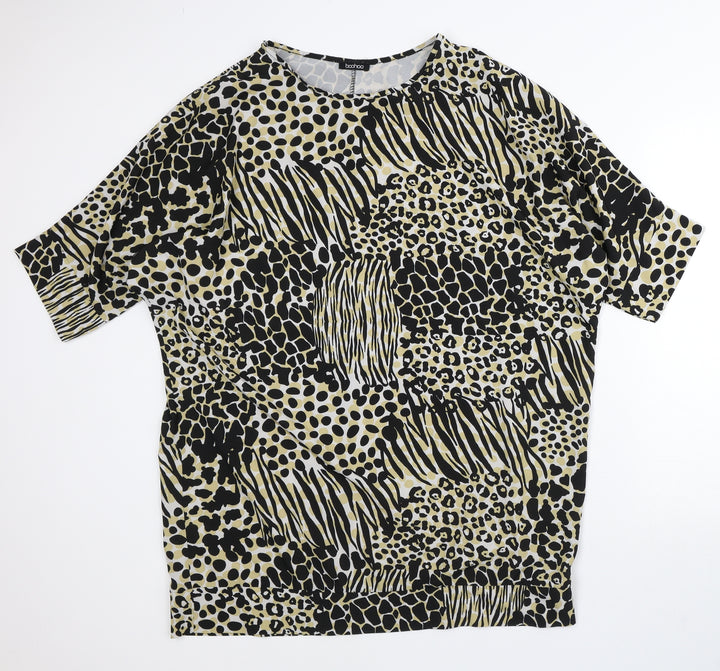 Boohoo Womens Yellow Animal Print Polyester Tunic Blouse Size 2 Round Neck