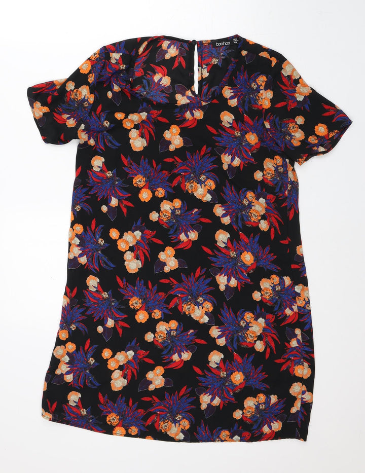 Boohoo Womens Black Floral Polyester A-Line Size 12 Round Neck