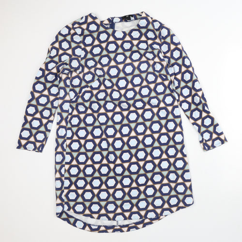 H&M Womens Blue Geometric 100% Cotton T-Shirt Dress  Size L  Crew Neck