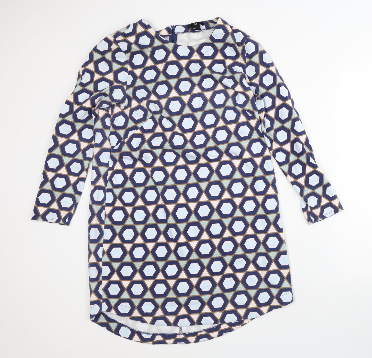 H&M Womens Blue Geometric 100% Cotton T-Shirt Dress  Size L  Crew Neck