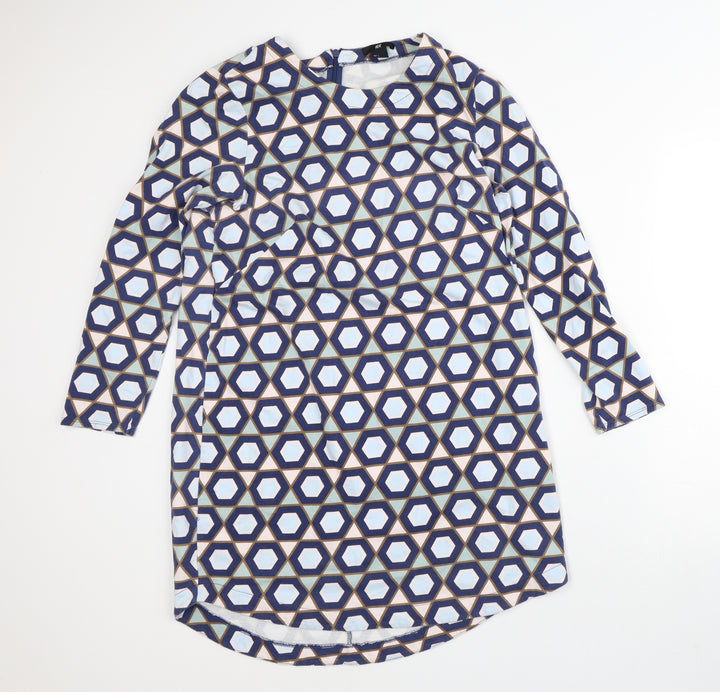 H&M Womens Blue Geometric 100% Cotton T-Shirt Dress  Size L  Crew Neck