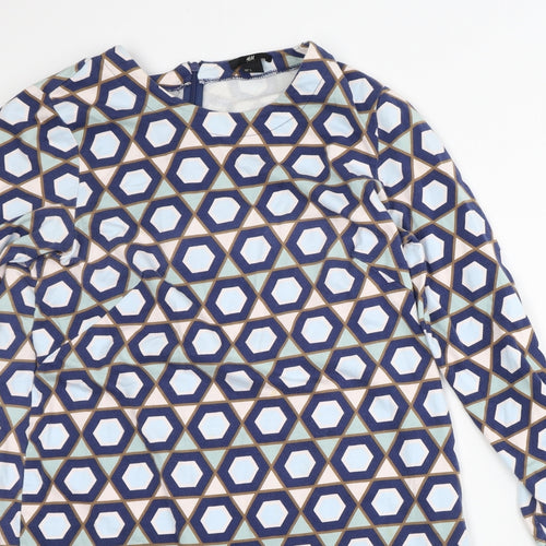 H&M Womens Blue Geometric 100% Cotton T-Shirt Dress  Size L  Crew Neck