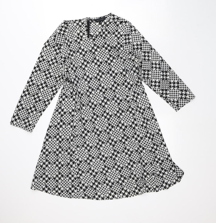New Look Womens White Geometric Polyester A-Line Size 12 Round Neck
